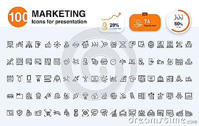 100 Marketing line icon for presentation. Included icons as social media,Â digital marketing, advertise, report, data and more. Vector Illustration